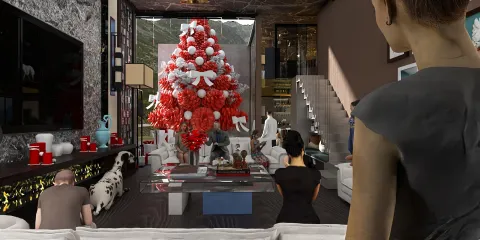 modern living room with a festive red and white Christmas tree gathering people for celebration, showcasing interior design with cozy decor, featuring Homestyler's real-time 3D rendering capability.