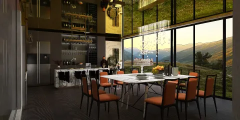 modern dining area featuring a large table set for a meal with scenic mountain views, designed with Homestyler's real-time 3D rendering ability to showcase space functionality and style.