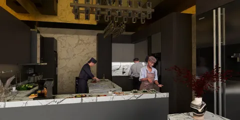 modern kitchen design featuring chefs preparing a meal in a stylish and functional space using Homestyler's real-time 3D rendering feature.