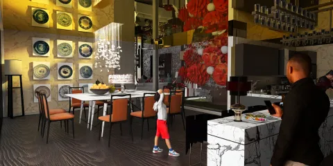 modern dining area showcasing a family dining setup with elegant table arrangements and decorative accents in a luxury restaurant style, utilizing Homestyler's real-time 3D rendering feature.