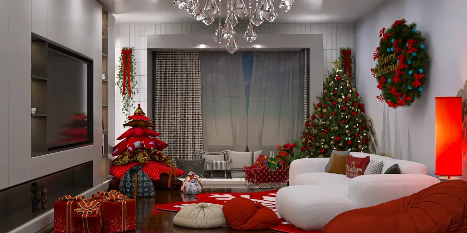 festive living room decorating for Christmas with a beautifully adorned tree, a cozy layout featuring a sectional sofa, red and green accents, and Homestyler's real-time 3D rendering capability to visualize holiday designs.