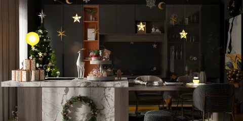 modern kitchen interior design featuring a festive Christmas theme with a decorated tree and elegant ornaments, showcasing real-time 3D rendering capabilities of Homestyler.