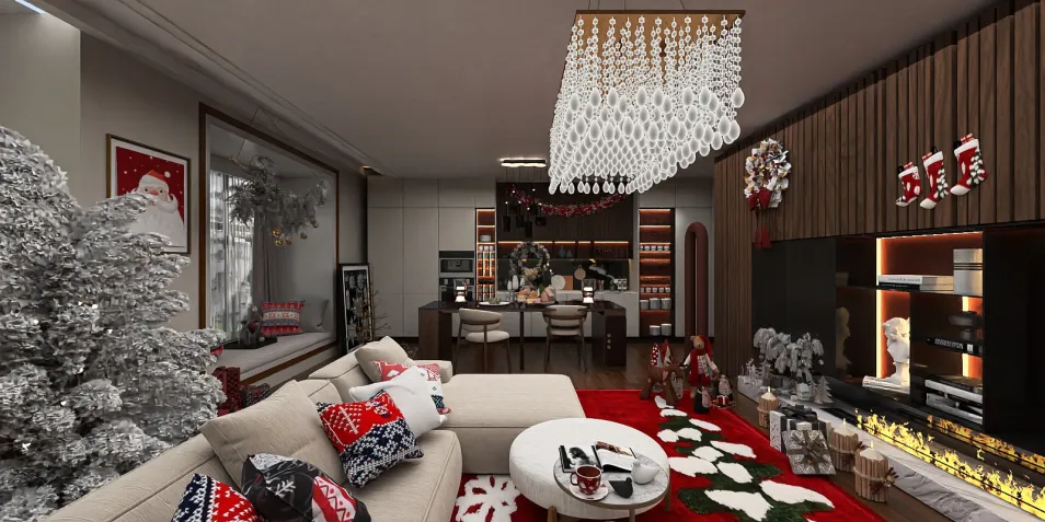 cozy living room with festive decorations creating a cheerful atmosphere for holiday gatherings, showcasing an interior design style filled with comfort and warmth, featuring Homestyler's real-time 3D rendering for instant visualization.