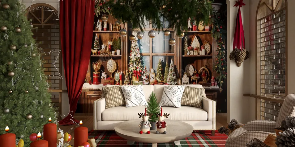 cozy living room Christmas decoration featuring a stylish sofa and festive decor with a Christmas tree; showcasing interior design with Homestyler's real-time 3D rendering feature for a seasonal atmosphere.