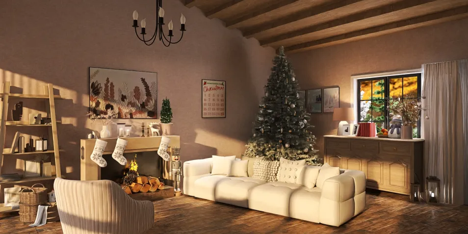 cozy living room with Christmas tree and fireplace enhancing interior decor through seasonal design using Homestyler's real-time 3D rendering feature.