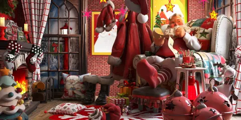 festive Christmas scene featuring Santa Claus relaxing in a cozy armchair, decorating the room with holiday accents, showcasing a cheerful and whimsical style with vibrant colors and warm tones, creating a joyful atmosphere for seasonal interior decor.