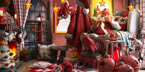 Christmas-themed interior featuring a cozy Santa Claus sitting in a decorated armchair, surrounded by festive ornaments and a fireplace, creating a warm holiday atmosphere; includes vibrant colors and cheerful decor, showcasing Homestyler's real-time 3D rendering for immersive holiday design.