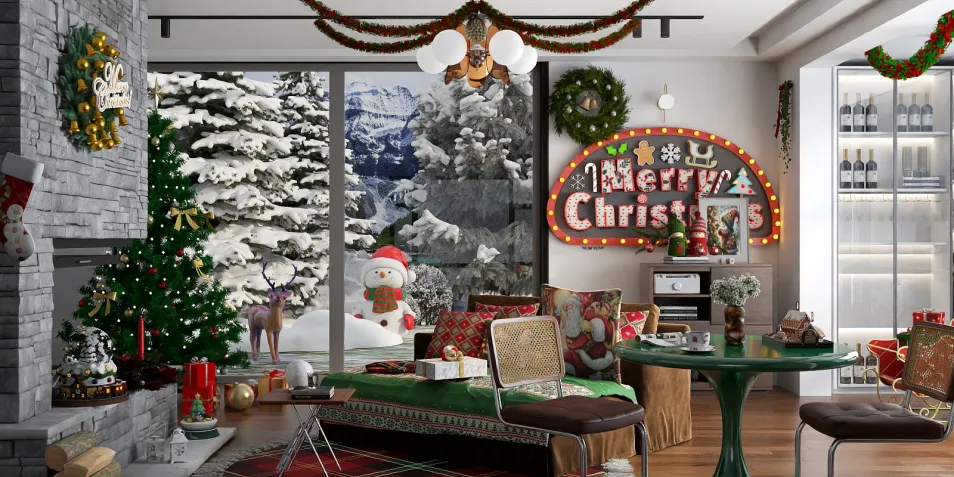Cozy Christmas living room decorated with festive ornaments and a Christmas tree, showcasing a warm holiday atmosphere, ideal for interior design inspiration with Homestyler's 3D rendering feature.