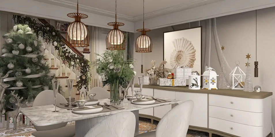 dining area decorated for holidays featuring a marble dining table with elegant table settings, designed in a modern style for festive gatherings, showcasing Homestyler's real-time 3D rendering feature.