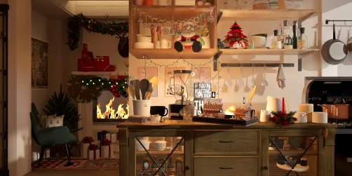 cozy kitchen decor displaying festive ornaments and holiday decorations in a warm rustic style enhancing the inviting atmosphere, utilizing Homestyler's real-time 3D rendering feature for design proposal preview.