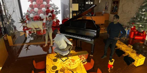 3D interior design showcasing a festive living room with a grand piano and holiday decorations, emphasizing cozy family gatherings with Homestyler's real-time 3D rendering feature.