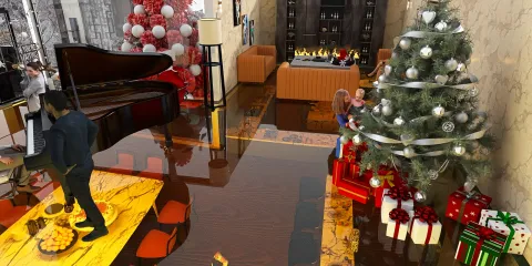 A festive living room with a decorated Christmas tree, a grand piano, and holiday gifts, showcasing a contemporary design style; perfect for creating an inviting holiday atmosphere with Homestyler's real-time 3D rendering feature.