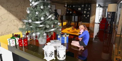 Christmas tree with decorations and gifts in a cozy living space, showcasing festive interior design and holiday ambiance with Homestyler's real-time 3D rendering feature.