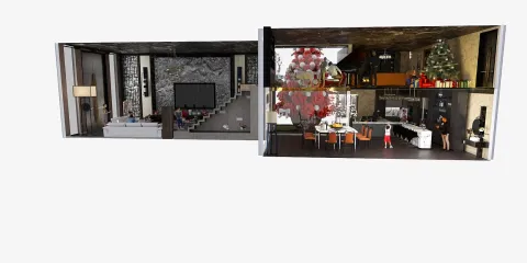 3D interior design of a luxurious living room and dining area showcasing modern decor and festive decorations for holiday ambiance, leveraging Homestyler's real-time 3D rendering feature to preview design proposals.