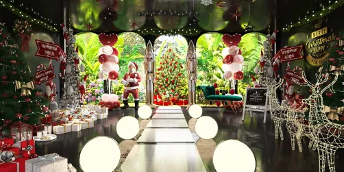 Christmas-themed indoor space featuring a festive decoration setup with a large Christmas tree and Santa, enhanced by colorful lighting and decorative elements, showcasing interior design ideas for holiday decorations using Homestyler's real-time 3D rendering feature.