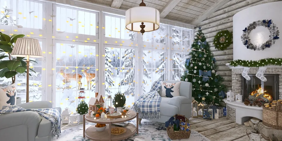cozy winter living room decorated for Christmas with a festive tree and fire place, showcasing holiday spirit with Homestyler's real-time 3D rendering feature for interior design.