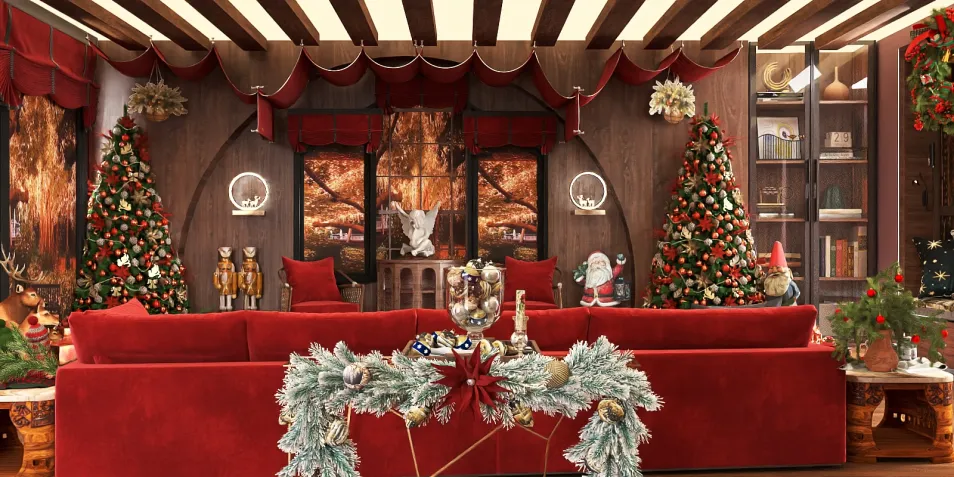 Christmas-themed living room featuring festive decorations and a cozy layout, designed using Homestyler's smart furniture arrangement feature for optimal space utilization.