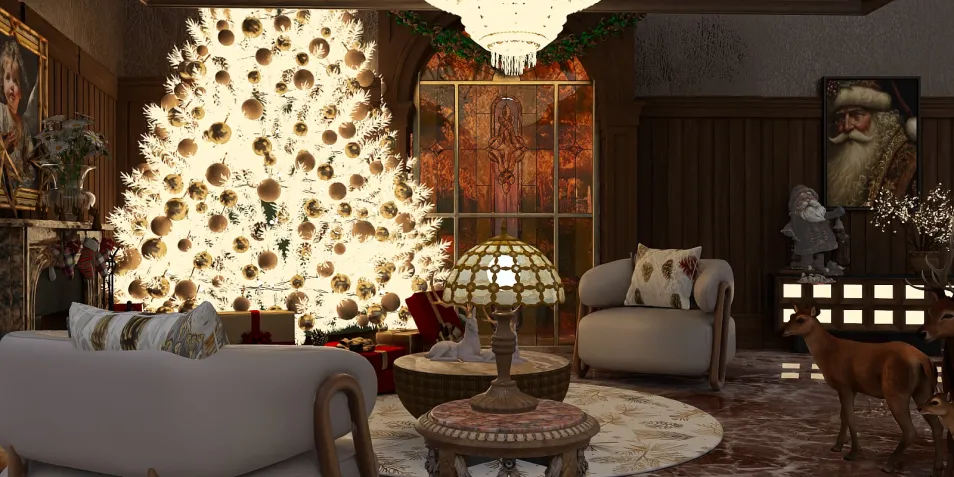 cozy living room decorated for Christmas with a large illuminated tree, modern furniture arrangement, warm style, perfect for holiday gatherings using Homestyler's real-time 3D rendering feature.