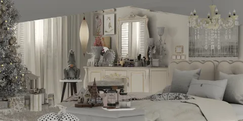 cozy bedroom decorated for the holidays with a Christmas tree and elegant furnishings, showcasing a warm and inviting atmosphere with a modern interior design approach; featuring Homestyler's real-time 3D rendering for accurate design visualization.