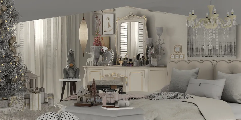 cozy bedroom decorated for the holidays with a Christmas tree and elegant furnishings, showcasing a warm and inviting atmosphere with a modern interior design approach; featuring Homestyler's real-time 3D rendering for accurate design visualization.