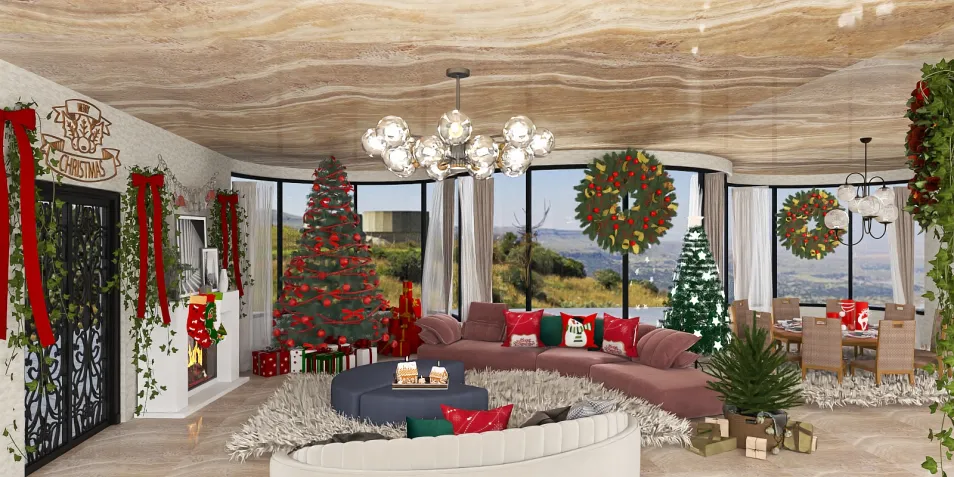 cozy living room decorating for the holidays with Christmas trees and festive ornaments in a modern style, showcasing Homestyler's real-time 3D rendering feature