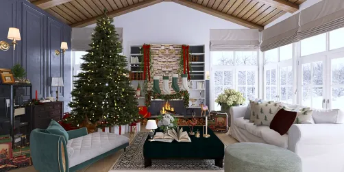 cozy living room adorned with Christmas decorations featuring a large tree and a fireplace, showcasing modern rustic style, ideal for holiday celebrations, utilizing Homestyler's real-time 3D rendering feature.