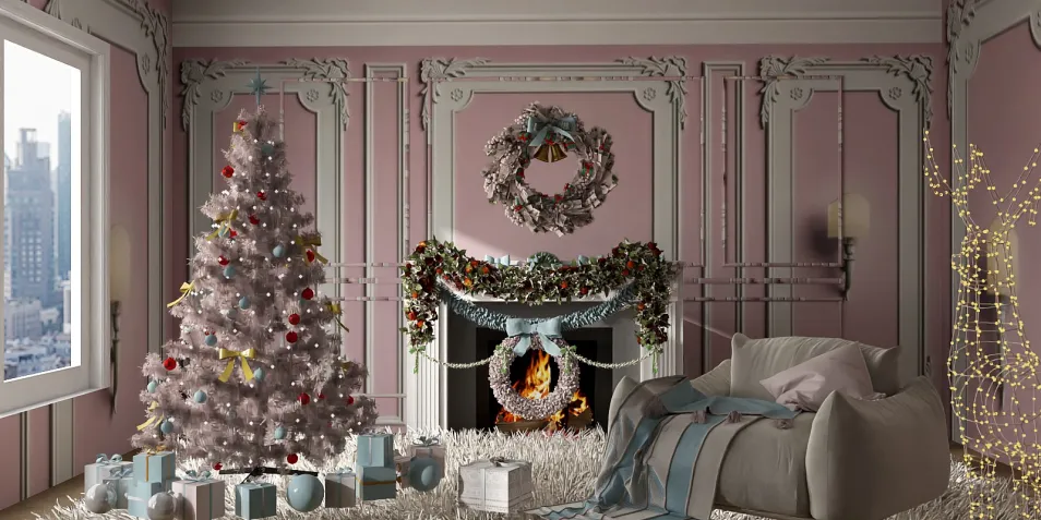 cozy living room with Christmas tree and fireplace, decorating for the holidays in classic style, featuring pastel pink walls, integrated furniture layout using Homestyler's real-time 3D rendering.