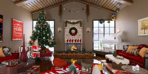 Christmas living room interior design showcasing a festive holiday atmosphere with a decorated Christmas tree, cozy fireplace, and traditional furnishings, utilizing Homestyler's real-time 3D rendering feature to visualize seasonal decor.