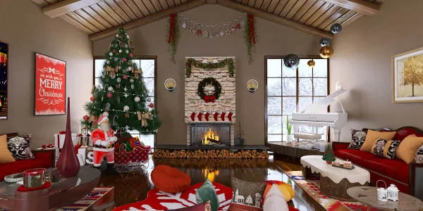 Christmas living room interior design showcasing a festive holiday atmosphere with a decorated Christmas tree, cozy fireplace, and traditional furnishings, utilizing Homestyler's real-time 3D rendering feature to visualize seasonal decor.
