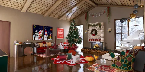 Christmas living room decoration featuring a beautifully decorated tree and festive ornaments, showcasing a cozy holiday atmosphere with smart furniture arrangement using Homestyler's real-time 3D rendering.