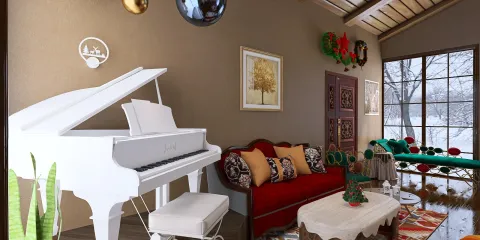 Stylish white piano enhancing the cozy living room decor with a festive touch, showcasing a modern design aesthetic and featuring Homestyler's real-time 3D rendering for an immersive design preview.