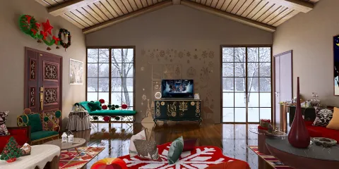 Cozy living room decorated for winter holidays, featuring a festive layout with a Christmas theme, showcasing interior design ideas for holiday decor. Utilizes Homestyler's real-time 3D rendering for visualizing seasonal transformations.