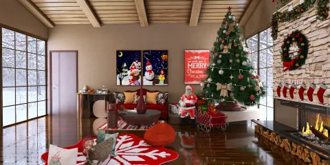 Cozy living room with festive Christmas decorations featuring a Christmas tree and Santa figurines, designed with a contemporary style, showcasing interior decor ideas for holiday celebrations, emphasizing Homestyler's real-time 3D rendering feature.