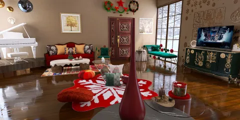 Living room with festive decor featuring a red sofa and green accents, styled for a cozy holiday atmosphere, showcasing interior decor elements with Homestyler's real-time 3D rendering feature.