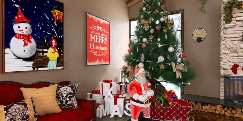 cozy holiday living room with Christmas tree and decorations featuring Santa Claus, showcasing interior design style for festive home decor, utilizing Homestyler's AR virtual furniture placement feature.