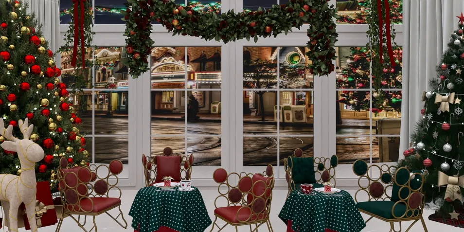 Cozy holiday living room with festive decor, featuring a decorated Christmas tree and red-green seating arrangement, showcasing seasonal interior design for a warm family gathering, utilizing Homestyler's real-time 3D rendering for quick visual preview.