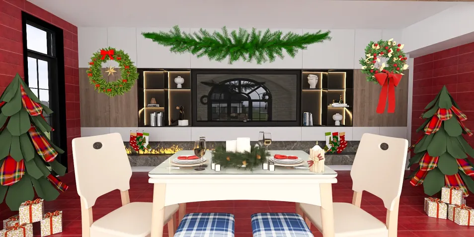 Cozy dining area featuring festive decorations and a Christmas theme, designed in a modern style with a warm ambiance, showcasing Homestyler's real-time 3D rendering feature.