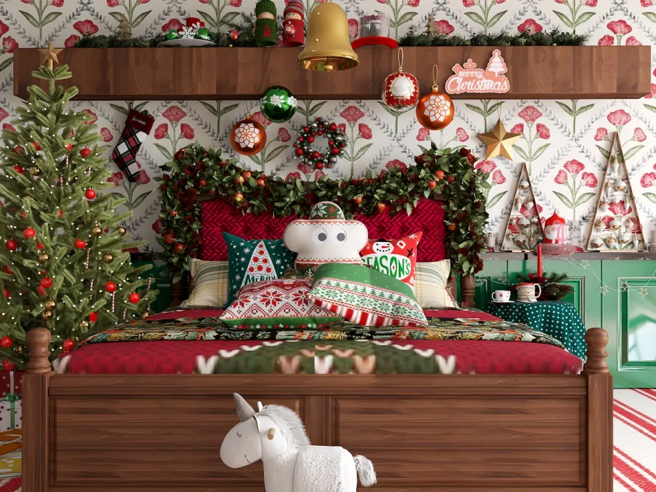 cozy bedroom decorated for Christmas with festive bedding and holiday ornaments featuring a Christmas tree and a unicorn plush toy, showcasing interior decor ideas for seasonal styling utilizing Homestyler's smart furniture arrangement feature.