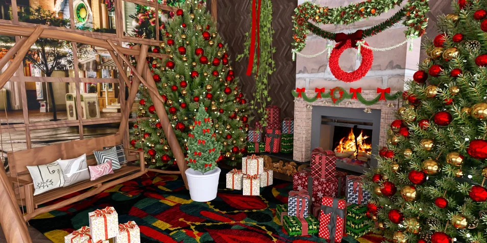 festively decorated living room with Christmas trees and gifts, creating a holiday atmosphere, showcasing interior decor with Homestyler's real-time 3D rendering feature.