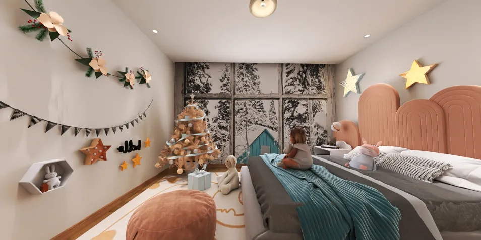 a cozy children's bedroom featuring playful decor, designed in a modern style, showcasing the use of smart furniture arrangement with Homestyler's 3D rendering capabilities.