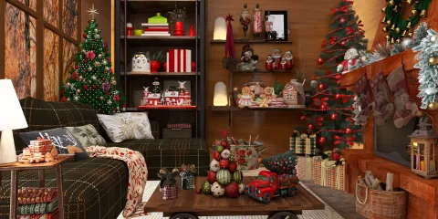 cozy Christmas living room with festive decorations and a decorated tree, showcasing interior design for holiday decor, utilizing Homestyler's real-time 3D rendering feature.