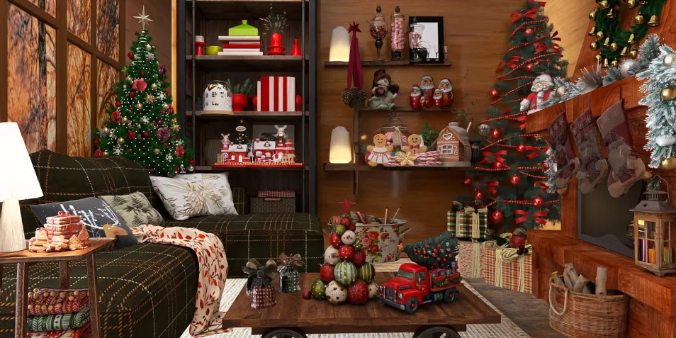 cozy Christmas living room with festive decorations and a warm ambiance, optimizing small space design with Homestyler's smart furniture arrangement feature.