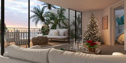 modern living room featuring a Christmas tree with seasonal decor, showcasing interior design elements for holiday ambiance, utilizing Homestyler's real-time 3D rendering for accurate visualization