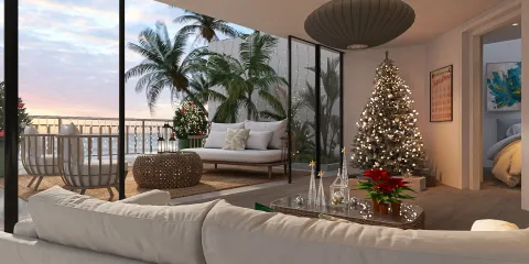 modern living room decorated for Christmas with a large sofa and a beautifully adorned Christmas tree, featuring a tropical view, showcasing Homestyler's real-time 3D rendering for interior design.