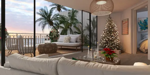 cozy living room decorated for Christmas with a festive tree and outdoor view featuring palm trees, showcasing modern interior design using Homestyler's real-time 3D rendering feature.