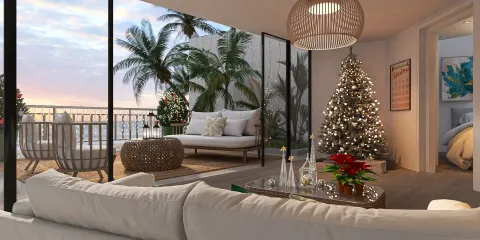 living room decorated for Christmas featuring modern furniture arrangement with a cozy atmosphere and large windows showcasing tropical views; includes a Christmas tree and festive decorations, utilizing Homestyler's real-time 3D rendering for design visualization.