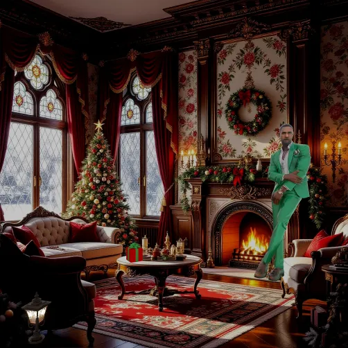 traditional living room decorated for Christmas with a fireplace, integrating smart furniture placement using Homestyler for optimized spatial layout in a festive style