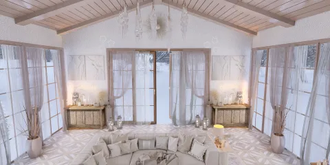 cozy living room arrangement showcasing a modern rustic style with large windows allowing natural light, featuring Homestyler's real-time 3D rendering for an immersive interior design preview.