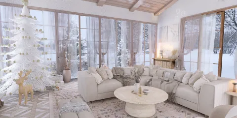 cozy living room featuring a white Christmas tree and soft furnishings, styled for winter ambiance, perfect for interior decor inspiration, utilizing Homestyler's real-time 3D rendering feature.
