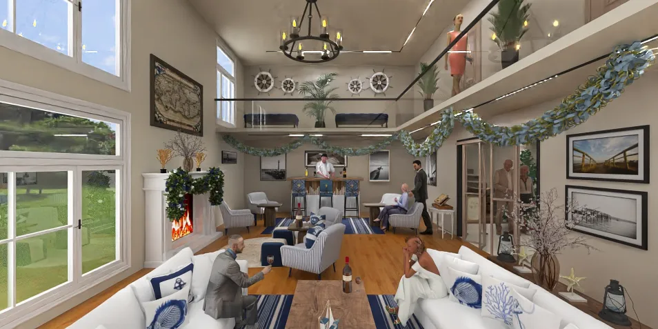 modern living room with guests relaxing and enjoying conversation in a spacious layout featuring large windows, tropical plants, and a cozy fireplace, showcasing interior decor design using Homestyler's real-time 3D rendering feature.